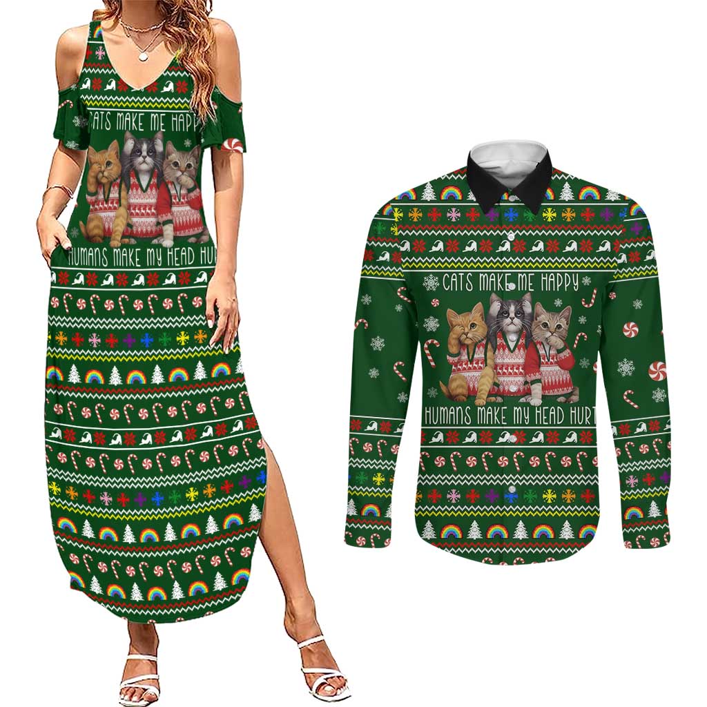 Funny Cats Make Me Happy Humans Make My Head Hurt Quote Couples Matching Summer Maxi Dress and Long Sleeve Button Shirt with Green Christmas Pattern - Wonder Print Shop