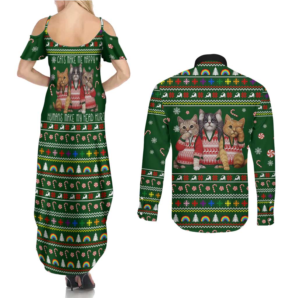 Funny Cats Make Me Happy Humans Make My Head Hurt Quote Couples Matching Summer Maxi Dress and Long Sleeve Button Shirt with Green Christmas Pattern - Wonder Print Shop