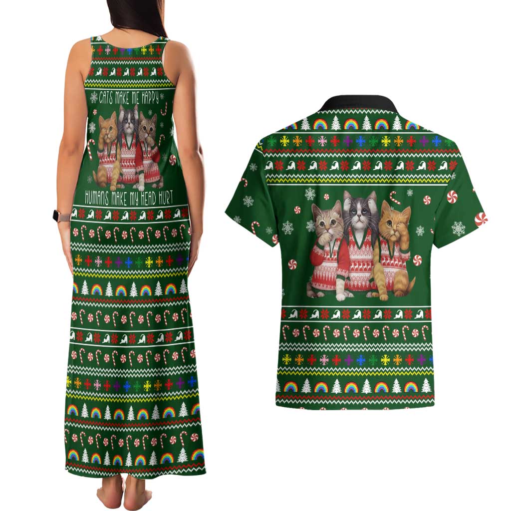 Funny Cats Make Me Happy Humans Make My Head Hurt Quote Couples Matching Tank Maxi Dress and Hawaiian Shirt with Green Christmas Pattern - Wonder Print Shop