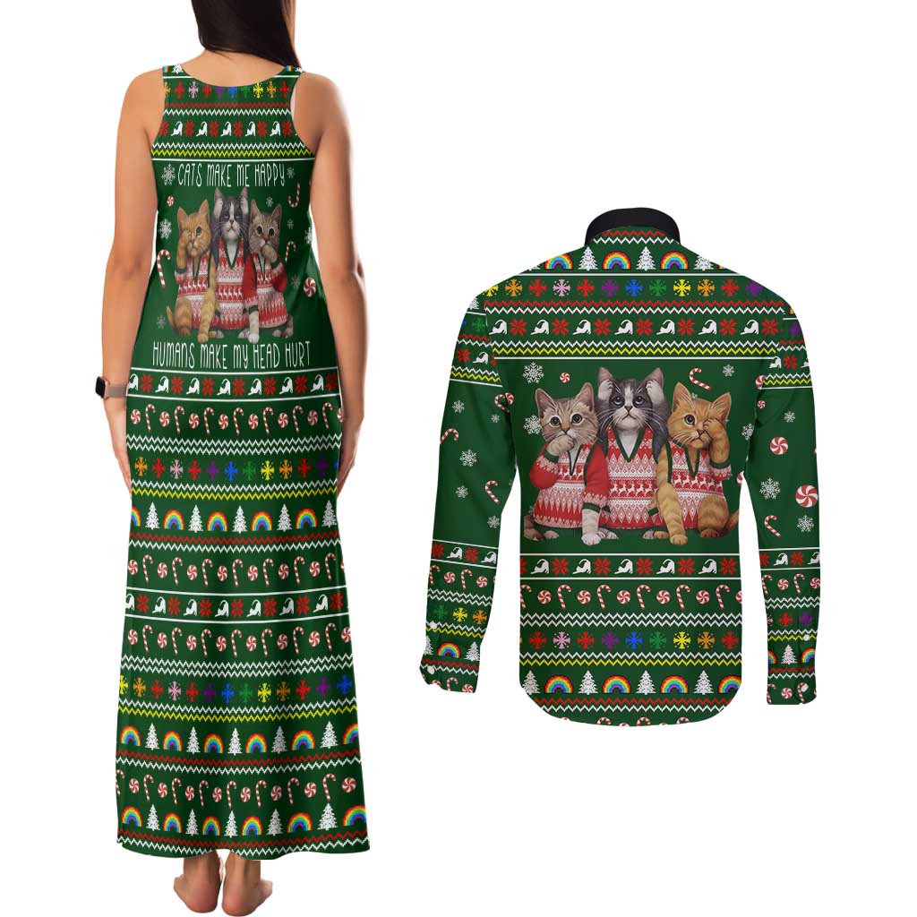 Funny Cats Make Me Happy Humans Make My Head Hurt Quote Couples Matching Tank Maxi Dress and Long Sleeve Button Shirt with Green Christmas Pattern - Wonder Print Shop