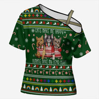 Funny Cats Make Me Happy Humans Make My Head Hurt Quote Cross Shoulder Shirt with Green Christmas Pattern - Wonder Print Shop