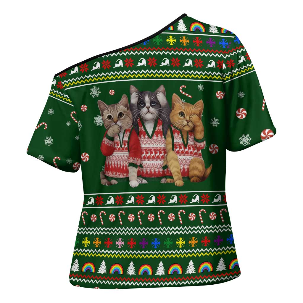 Funny Cats Make Me Happy Humans Make My Head Hurt Quote Cross Shoulder Shirt with Green Christmas Pattern - Wonder Print Shop