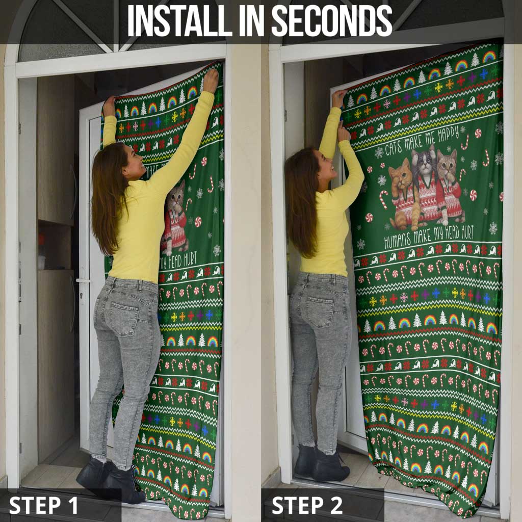 Funny Cats Make Me Happy Humans Make My Head Hurt Quote Door Cover with Green Christmas Pattern - Wonder Print Shop