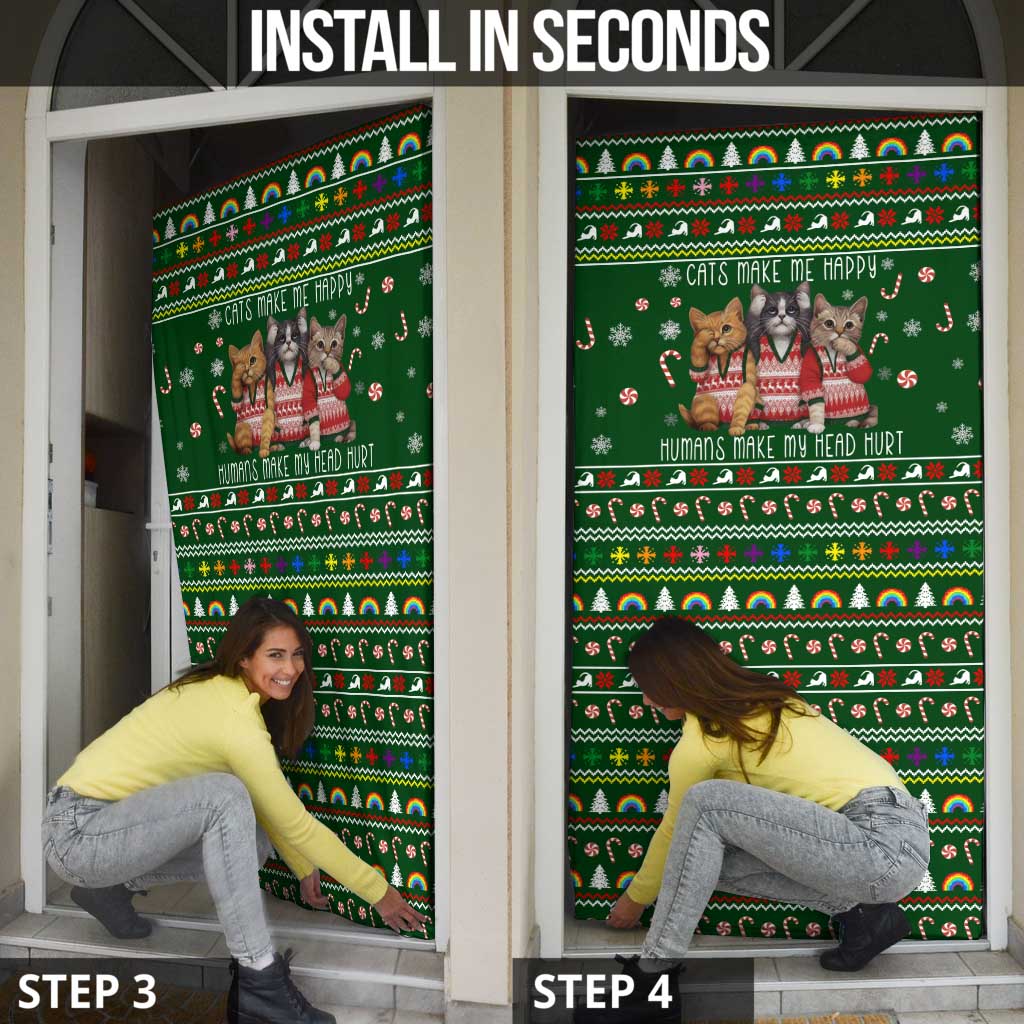 Funny Cats Make Me Happy Humans Make My Head Hurt Quote Door Cover with Green Christmas Pattern - Wonder Print Shop