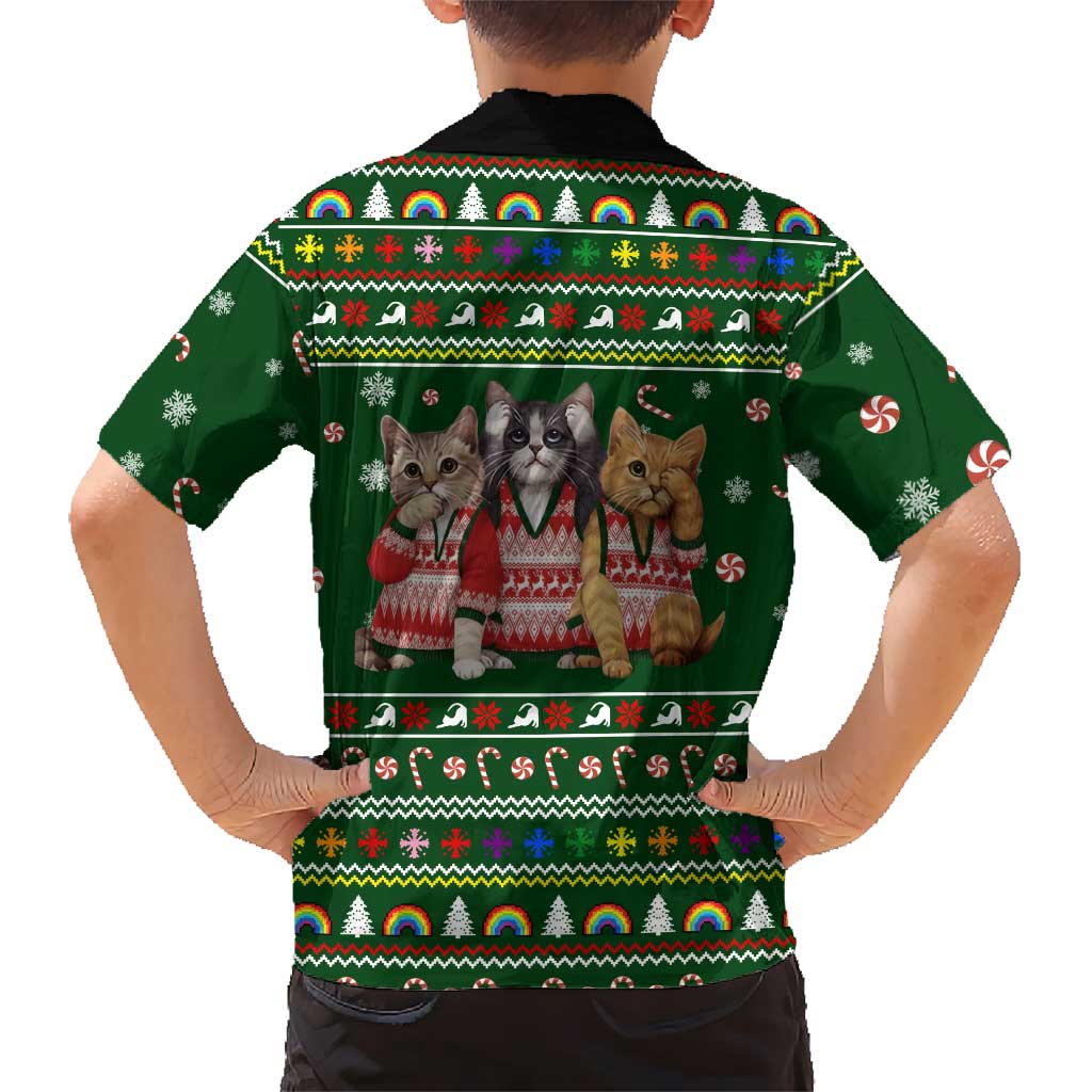Funny Cats Make Me Happy Humans Make My Head Hurt Quote Family Matching Long Sleeve Bodycon Dress and Hawaiian Shirt with Green Christmas Pattern - Wonder Print Shop