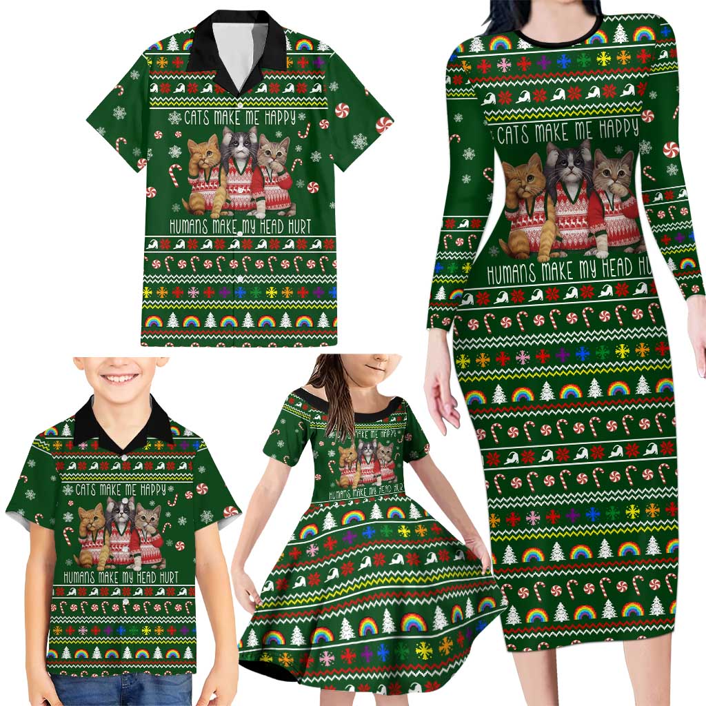 Funny Cats Make Me Happy Humans Make My Head Hurt Quote Family Matching Long Sleeve Bodycon Dress and Hawaiian Shirt with Green Christmas Pattern - Wonder Print Shop