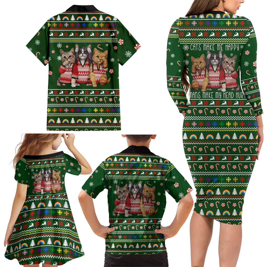 Funny Cats Make Me Happy Humans Make My Head Hurt Quote Family Matching Long Sleeve Bodycon Dress and Hawaiian Shirt with Green Christmas Pattern - Wonder Print Shop