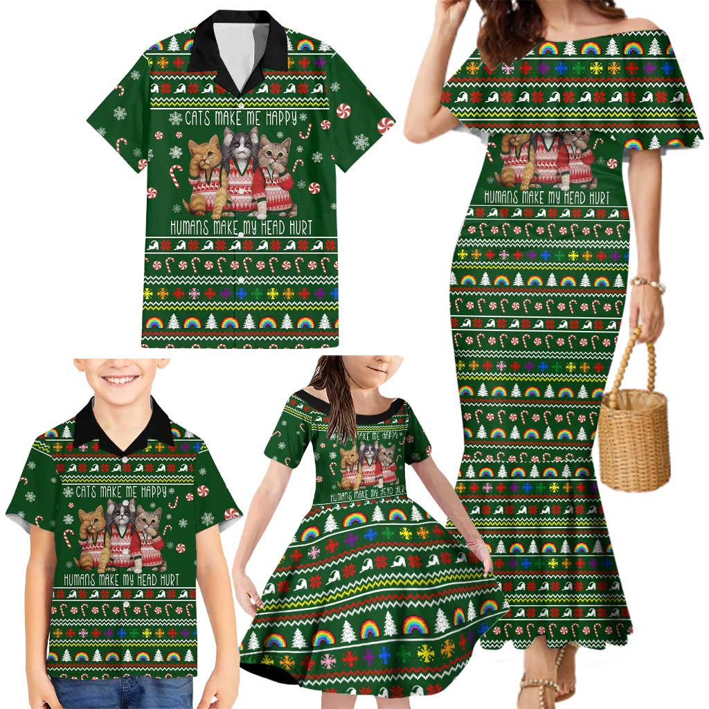 Funny Cats Make Me Happy Humans Make My Head Hurt Quote Family Matching Mermaid Dress and Hawaiian Shirt with Green Christmas Pattern - Wonder Print Shop