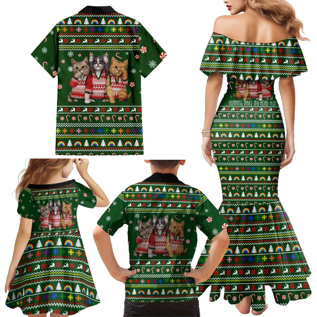 Funny Cats Make Me Happy Humans Make My Head Hurt Quote Family Matching Mermaid Dress and Hawaiian Shirt with Green Christmas Pattern - Wonder Print Shop