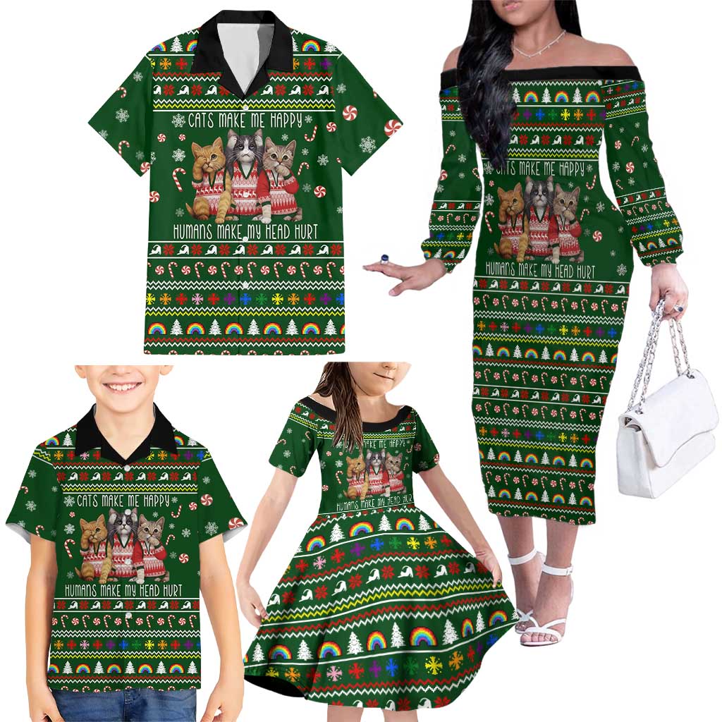 Funny Cats Make Me Happy Humans Make My Head Hurt Quote Family Matching Off The Shoulder Long Sleeve Dress and Hawaiian Shirt with Green Christmas Pattern - Wonder Print Shop