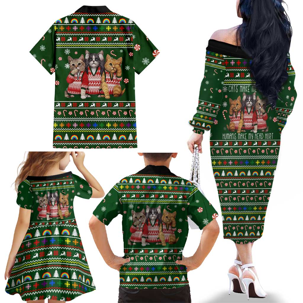 Funny Cats Make Me Happy Humans Make My Head Hurt Quote Family Matching Off The Shoulder Long Sleeve Dress and Hawaiian Shirt with Green Christmas Pattern - Wonder Print Shop
