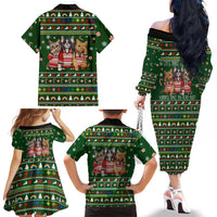 Funny Cats Make Me Happy Humans Make My Head Hurt Quote Family Matching Off The Shoulder Long Sleeve Dress and Hawaiian Shirt with Green Christmas Pattern - Wonder Print Shop