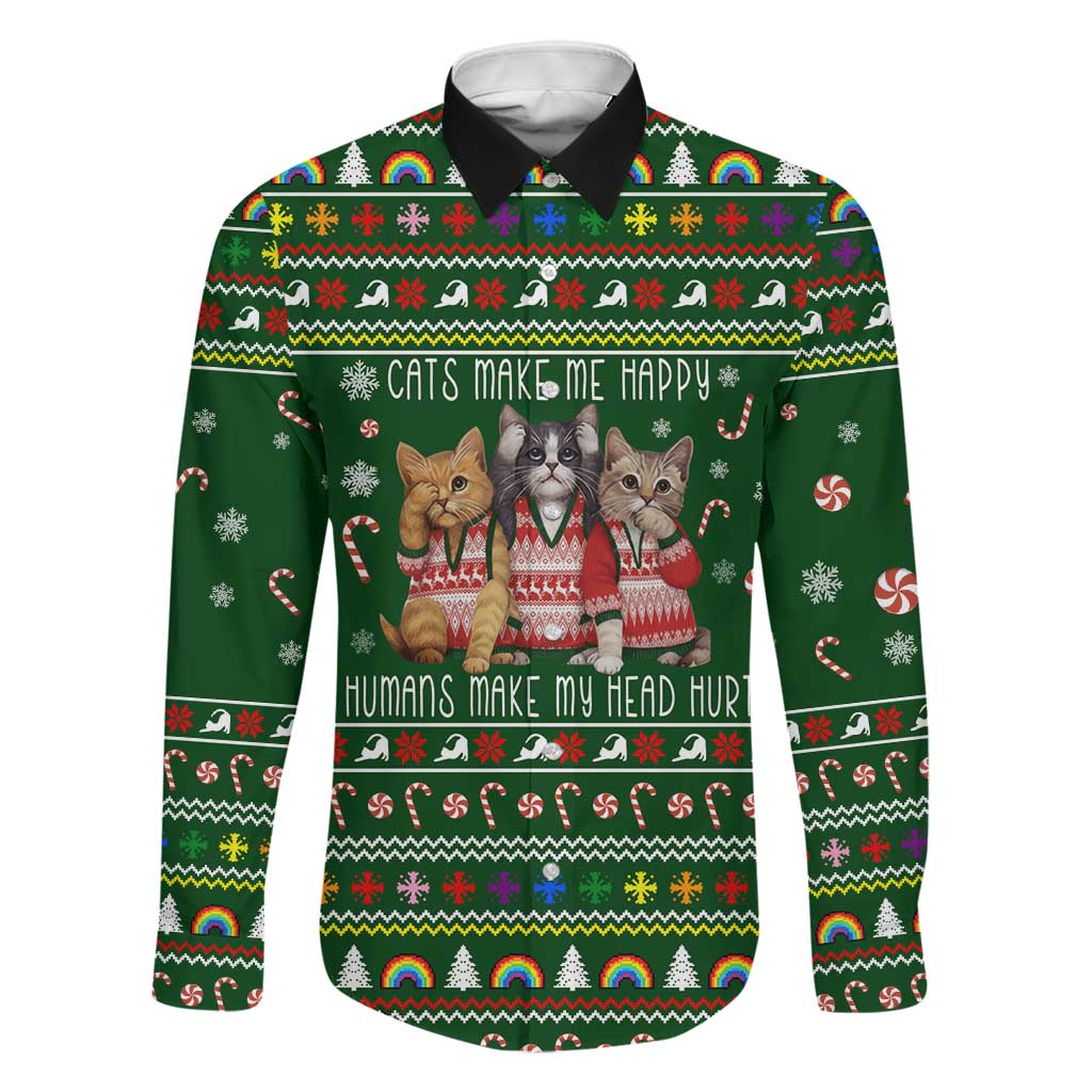 Funny Cats Make Me Happy Humans Make My Head Hurt Quote Family Matching Off The Shoulder Long Sleeve Dress and Hawaiian Shirt with Green Christmas Pattern - Wonder Print Shop