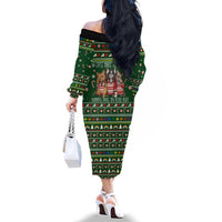 Funny Cats Make Me Happy Humans Make My Head Hurt Quote Family Matching Off The Shoulder Long Sleeve Dress and Hawaiian Shirt with Green Christmas Pattern - Wonder Print Shop