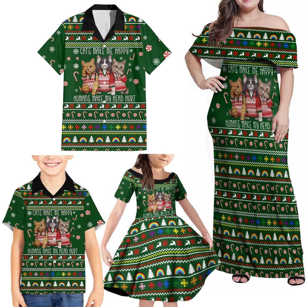 Funny Cats Make Me Happy Humans Make My Head Hurt Quote Family Matching Off Shoulder Maxi Dress and Hawaiian Shirt with Green Christmas Pattern - Wonder Print Shop