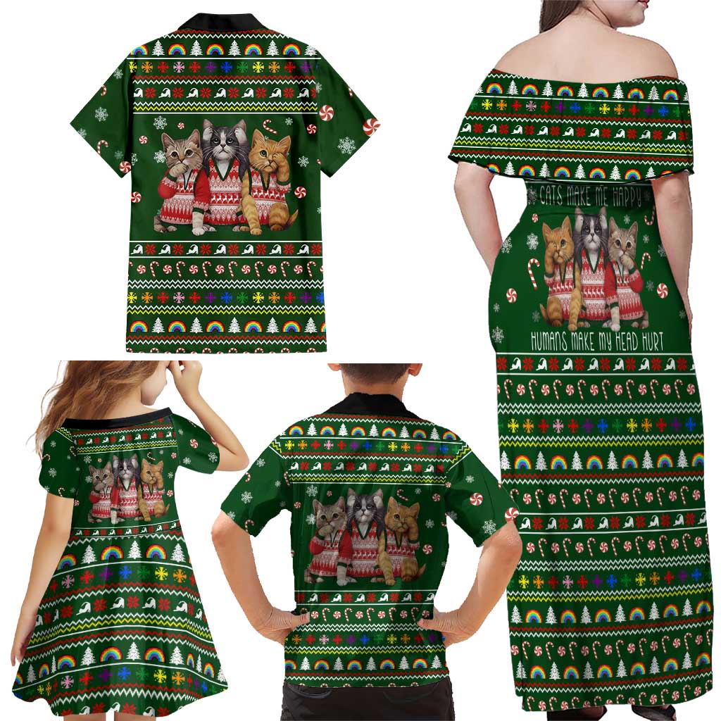 Funny Cats Make Me Happy Humans Make My Head Hurt Quote Family Matching Off Shoulder Maxi Dress and Hawaiian Shirt with Green Christmas Pattern - Wonder Print Shop