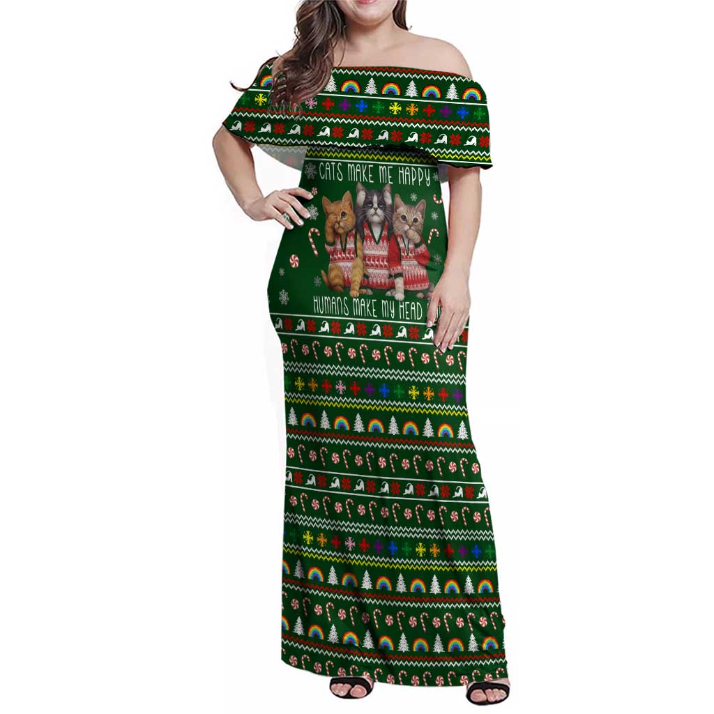 Funny Cats Make Me Happy Humans Make My Head Hurt Quote Family Matching Off Shoulder Maxi Dress and Hawaiian Shirt with Green Christmas Pattern - Wonder Print Shop