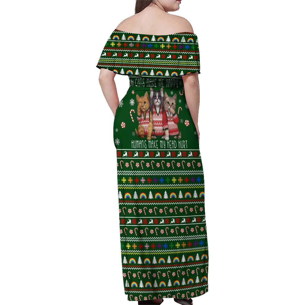 Funny Cats Make Me Happy Humans Make My Head Hurt Quote Family Matching Off Shoulder Maxi Dress and Hawaiian Shirt with Green Christmas Pattern - Wonder Print Shop