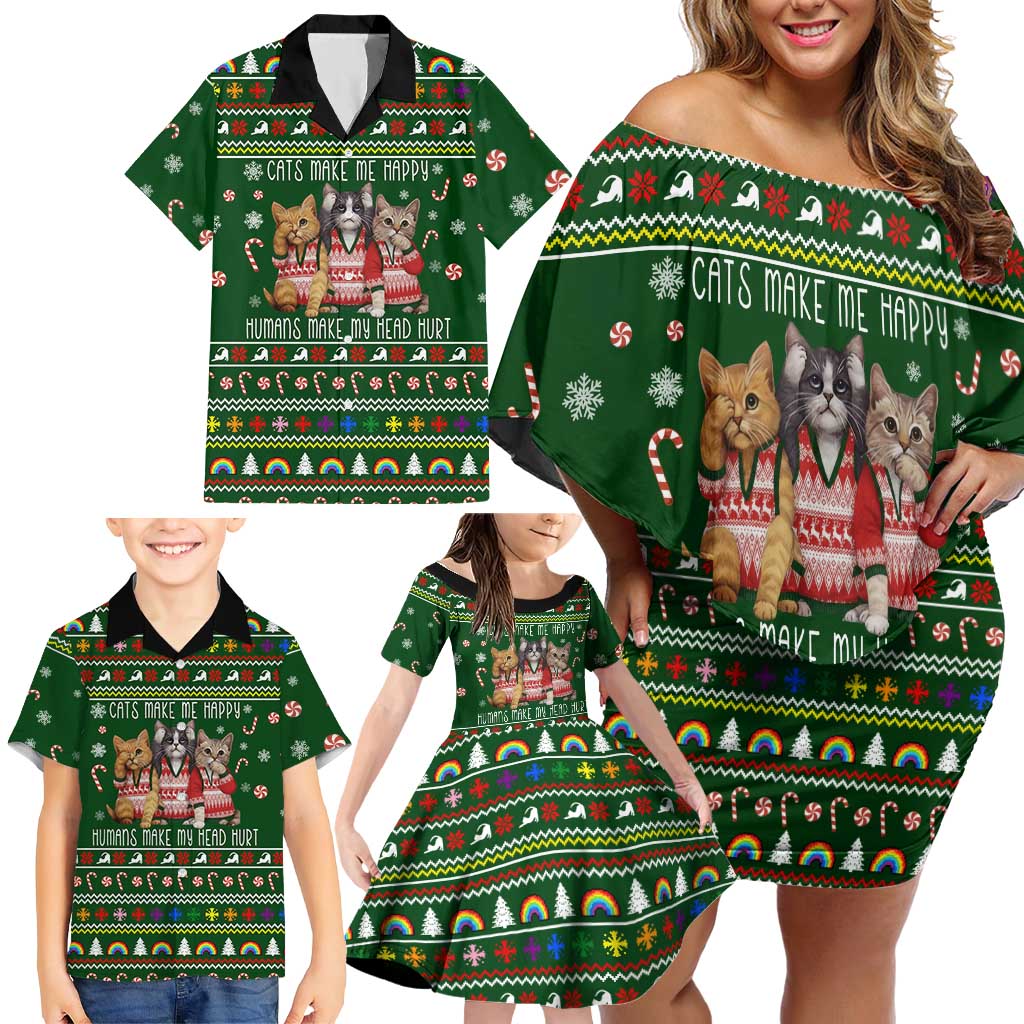 Funny Cats Make Me Happy Humans Make My Head Hurt Quote Family Matching Off Shoulder Short Dress and Hawaiian Shirt with Green Christmas Pattern - Wonder Print Shop