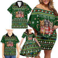 Funny Cats Make Me Happy Humans Make My Head Hurt Quote Family Matching Off Shoulder Short Dress and Hawaiian Shirt with Green Christmas Pattern - Wonder Print Shop