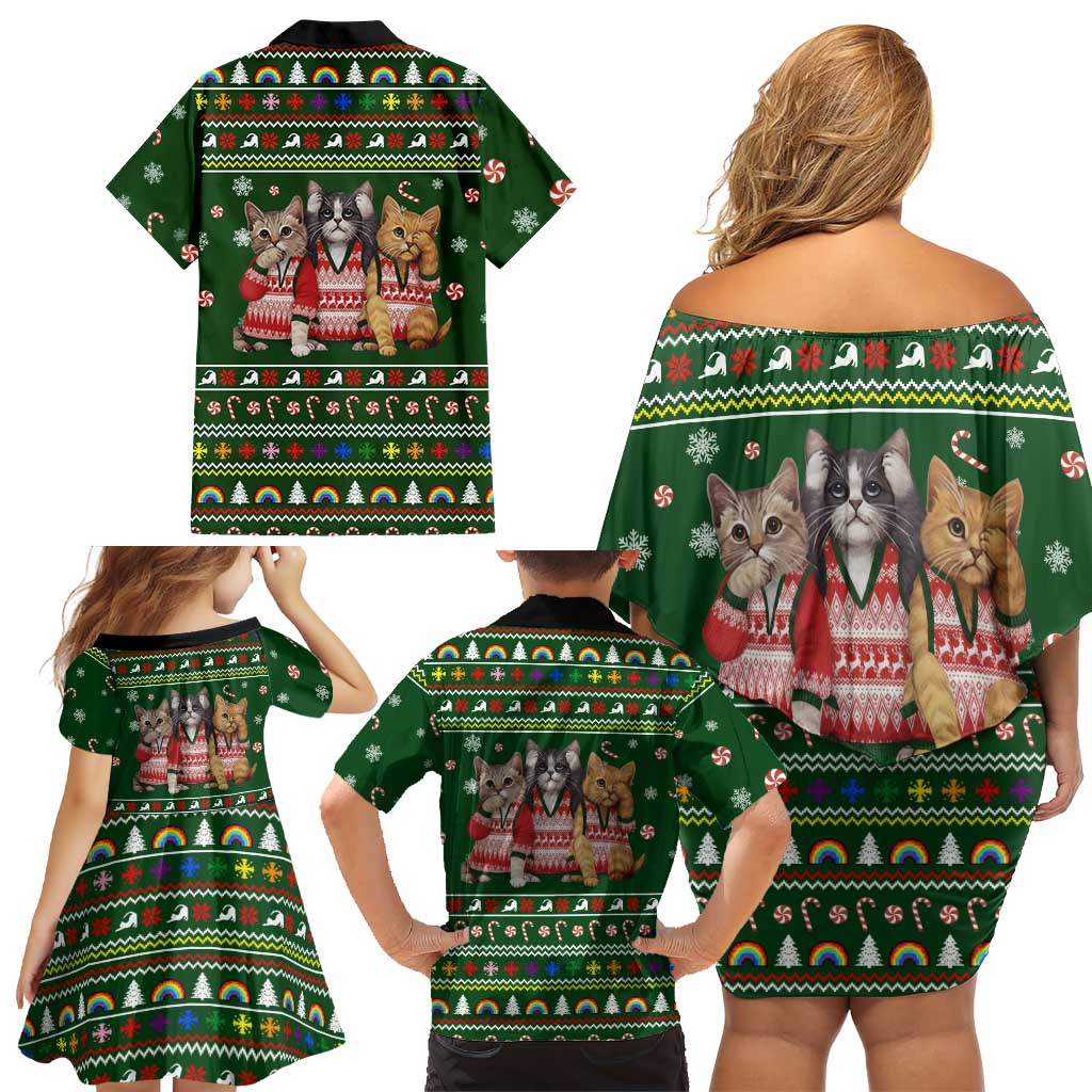 Funny Cats Make Me Happy Humans Make My Head Hurt Quote Family Matching Off Shoulder Short Dress and Hawaiian Shirt with Green Christmas Pattern - Wonder Print Shop