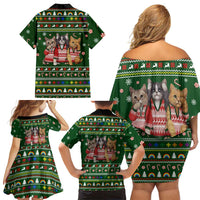 Funny Cats Make Me Happy Humans Make My Head Hurt Quote Family Matching Off Shoulder Short Dress and Hawaiian Shirt with Green Christmas Pattern - Wonder Print Shop