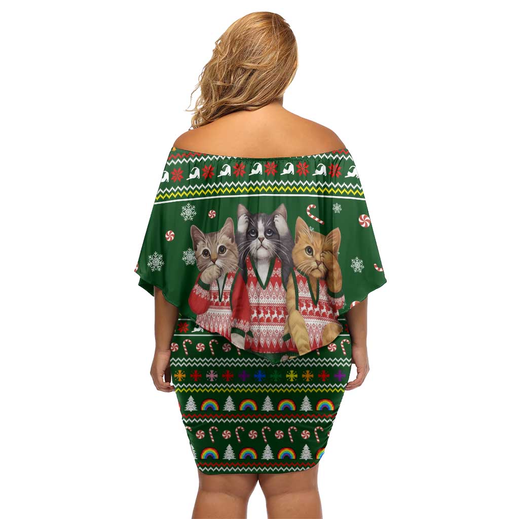 Funny Cats Make Me Happy Humans Make My Head Hurt Quote Family Matching Off Shoulder Short Dress and Hawaiian Shirt with Green Christmas Pattern - Wonder Print Shop