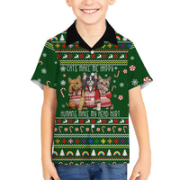 Funny Cats Make Me Happy Humans Make My Head Hurt Quote Family Matching Off Shoulder Short Dress and Hawaiian Shirt with Green Christmas Pattern - Wonder Print Shop