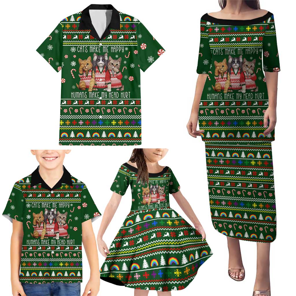 Funny Cats Make Me Happy Humans Make My Head Hurt Quote Family Matching Puletasi and Hawaiian Shirt with Green Christmas Pattern - Wonder Print Shop