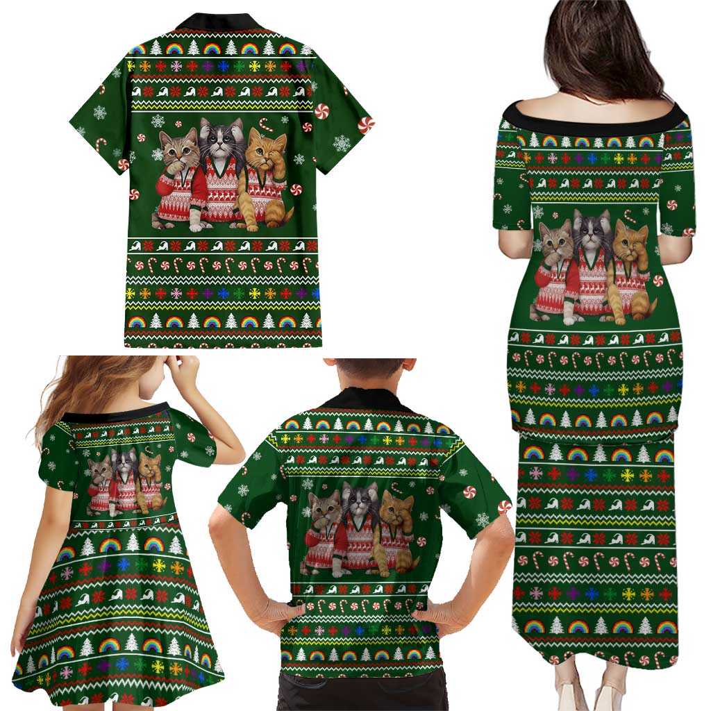 Funny Cats Make Me Happy Humans Make My Head Hurt Quote Family Matching Puletasi and Hawaiian Shirt with Green Christmas Pattern - Wonder Print Shop
