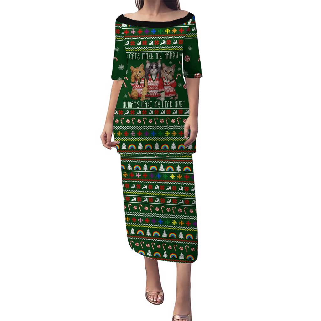 Funny Cats Make Me Happy Humans Make My Head Hurt Quote Family Matching Puletasi and Hawaiian Shirt with Green Christmas Pattern - Wonder Print Shop