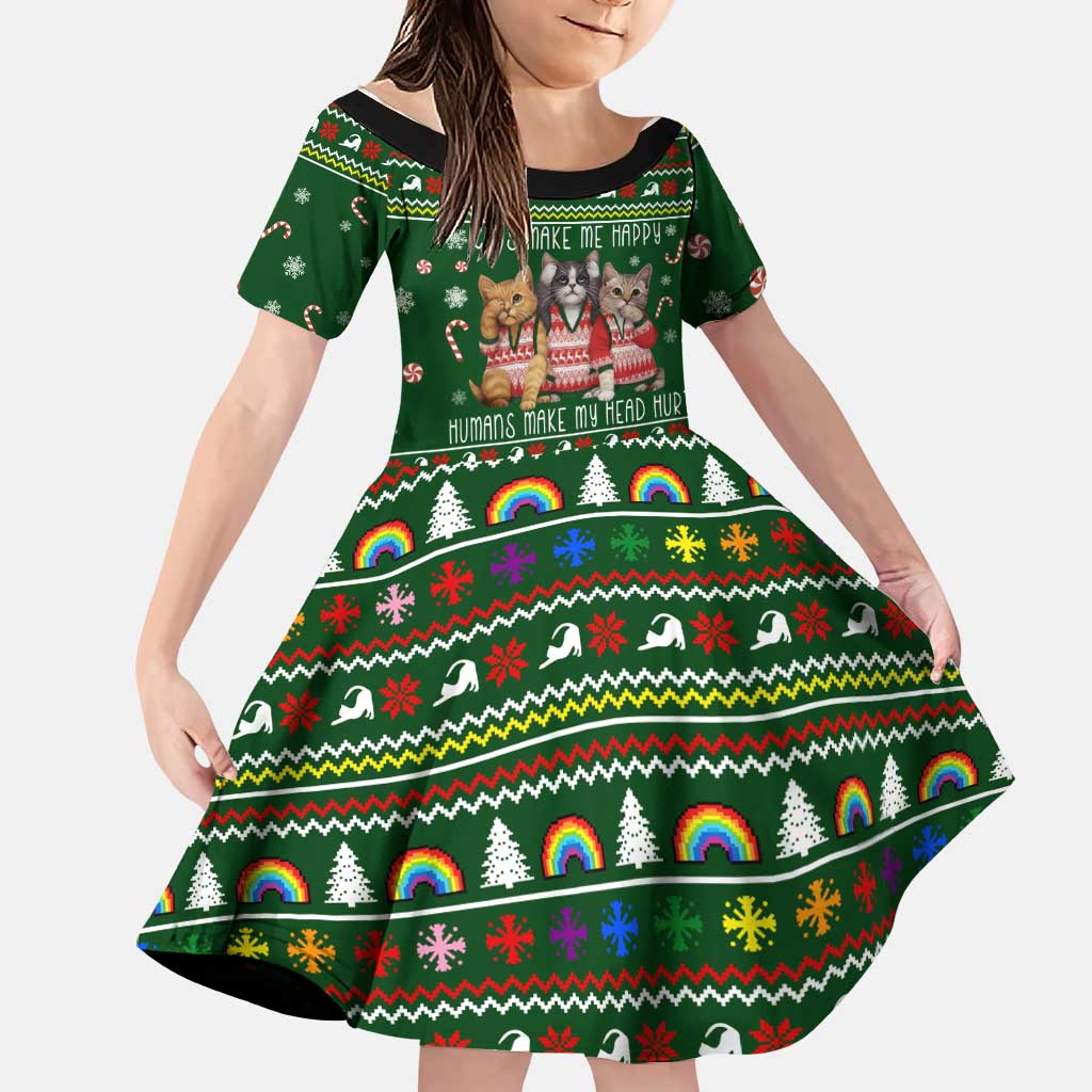 Funny Cats Make Me Happy Humans Make My Head Hurt Quote Family Matching Short Sleeve Bodycon Dress and Hawaiian Shirt with Green Christmas Pattern - Wonder Print Shop