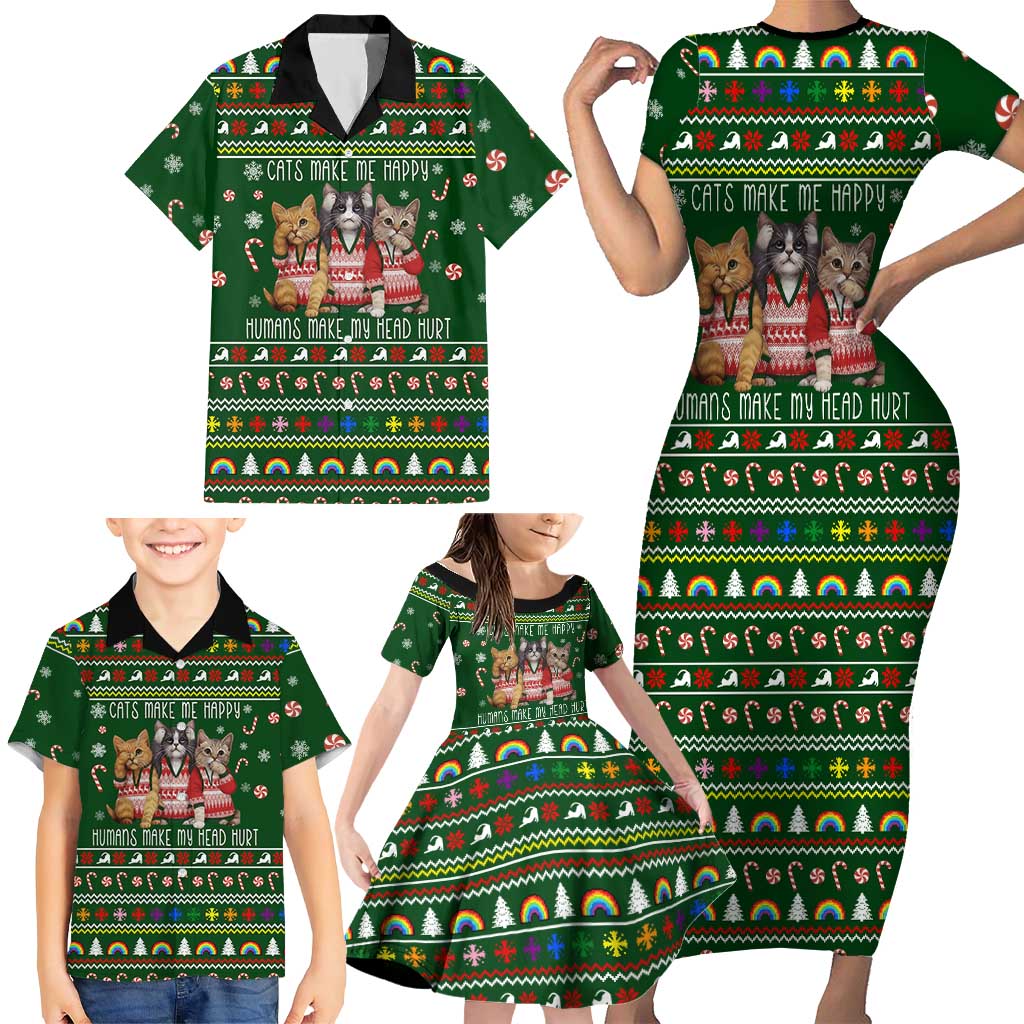 Funny Cats Make Me Happy Humans Make My Head Hurt Quote Family Matching Short Sleeve Bodycon Dress and Hawaiian Shirt with Green Christmas Pattern - Wonder Print Shop
