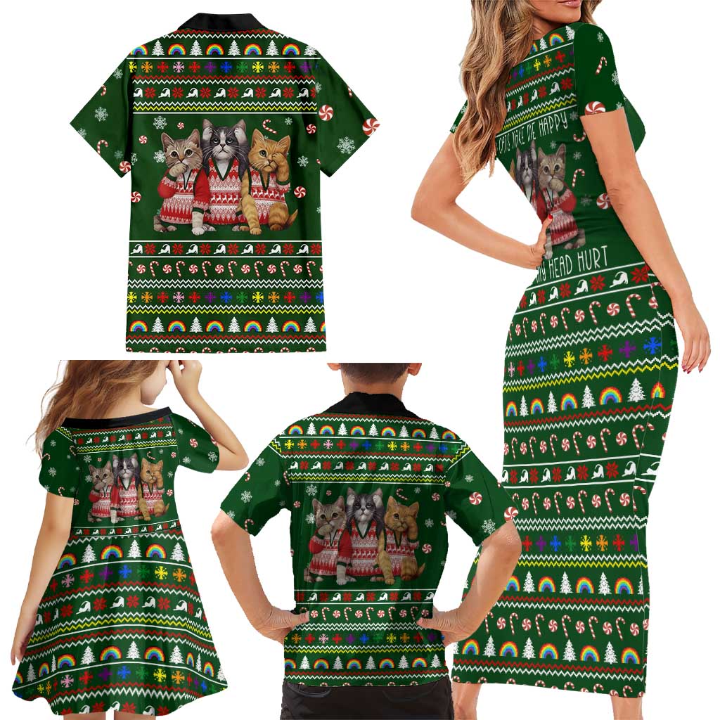 Funny Cats Make Me Happy Humans Make My Head Hurt Quote Family Matching Short Sleeve Bodycon Dress and Hawaiian Shirt with Green Christmas Pattern - Wonder Print Shop