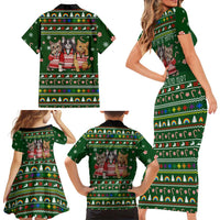 Funny Cats Make Me Happy Humans Make My Head Hurt Quote Family Matching Short Sleeve Bodycon Dress and Hawaiian Shirt with Green Christmas Pattern - Wonder Print Shop