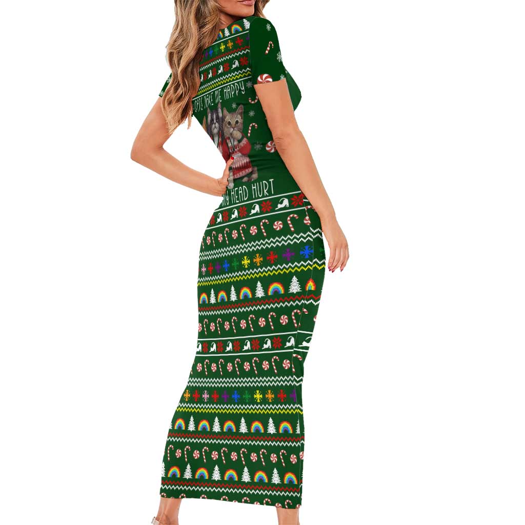 Funny Cats Make Me Happy Humans Make My Head Hurt Quote Family Matching Short Sleeve Bodycon Dress and Hawaiian Shirt with Green Christmas Pattern - Wonder Print Shop