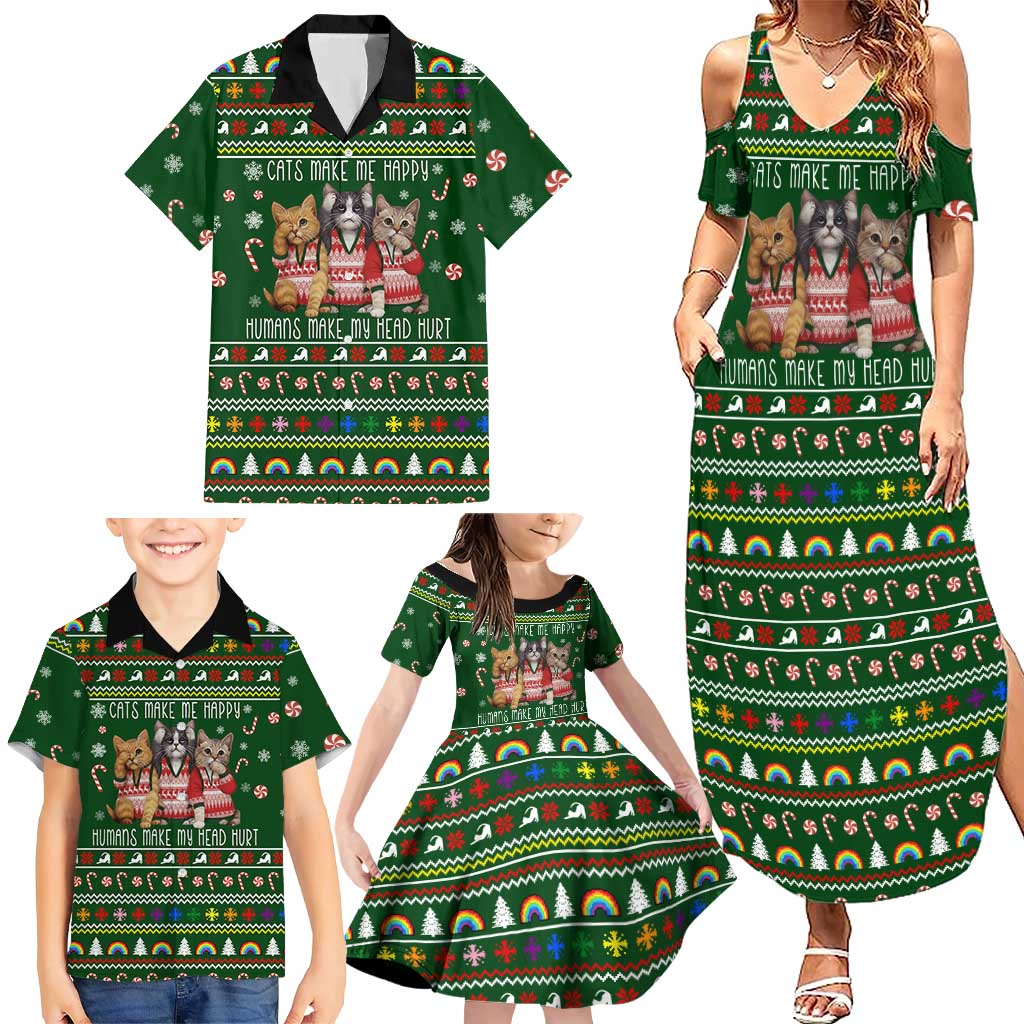 Funny Cats Make Me Happy Humans Make My Head Hurt Quote Family Matching Summer Maxi Dress and Hawaiian Shirt with Green Christmas Pattern - Wonder Print Shop