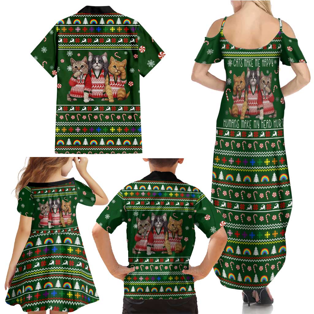 Funny Cats Make Me Happy Humans Make My Head Hurt Quote Family Matching Summer Maxi Dress and Hawaiian Shirt with Green Christmas Pattern - Wonder Print Shop