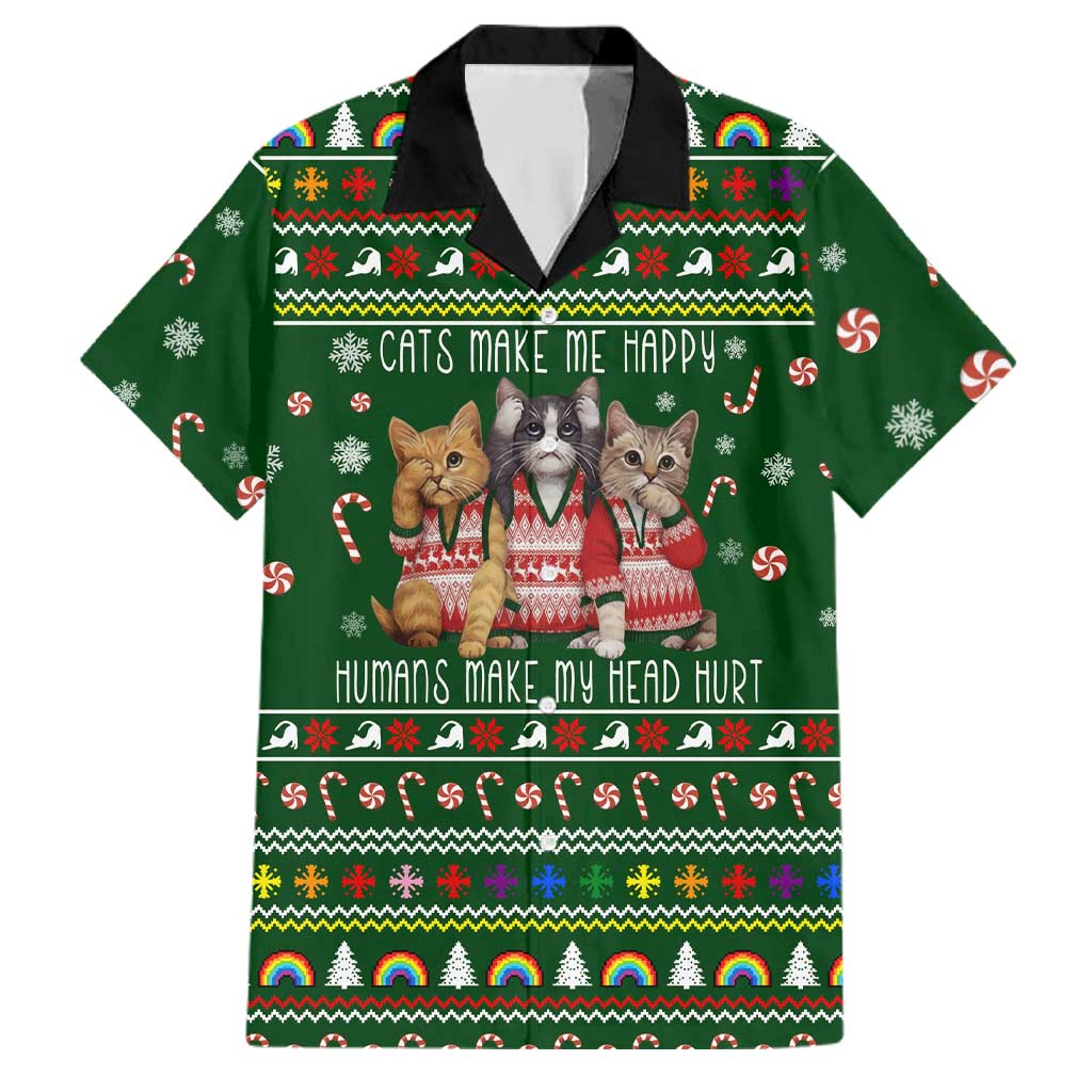 Funny Cats Make Me Happy Humans Make My Head Hurt Quote Family Matching Summer Maxi Dress and Hawaiian Shirt with Green Christmas Pattern - Wonder Print Shop