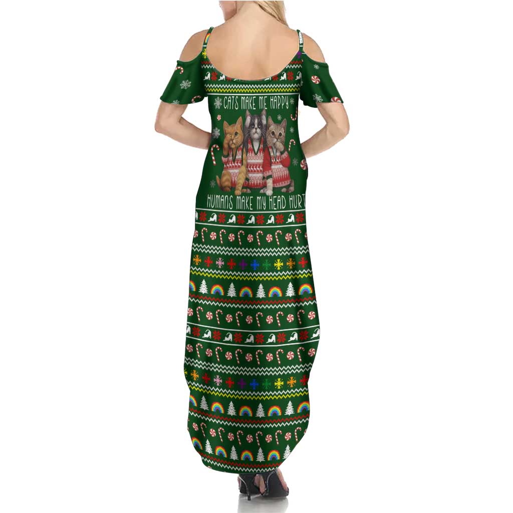 Funny Cats Make Me Happy Humans Make My Head Hurt Quote Family Matching Summer Maxi Dress and Hawaiian Shirt with Green Christmas Pattern - Wonder Print Shop