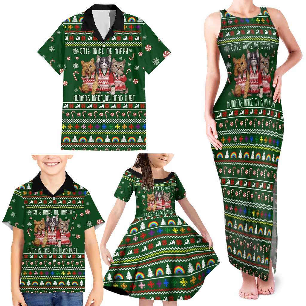 Funny Cats Make Me Happy Humans Make My Head Hurt Quote Family Matching Tank Maxi Dress and Hawaiian Shirt with Green Christmas Pattern - Wonder Print Shop