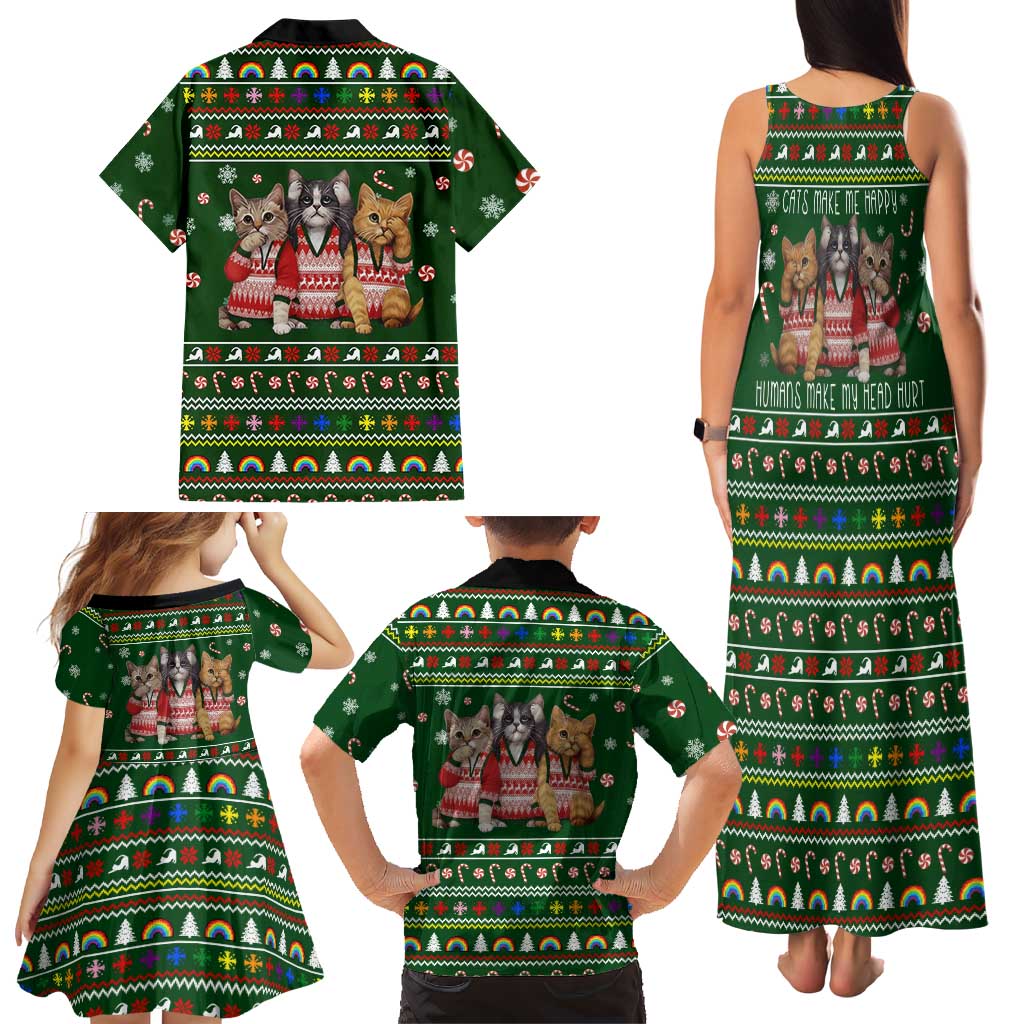 Funny Cats Make Me Happy Humans Make My Head Hurt Quote Family Matching Tank Maxi Dress and Hawaiian Shirt with Green Christmas Pattern - Wonder Print Shop