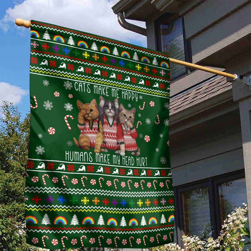 Funny Cats Make Me Happy Humans Make My Head Hurt Quote Garden Flag with Green Christmas Pattern - Wonder Print Shop