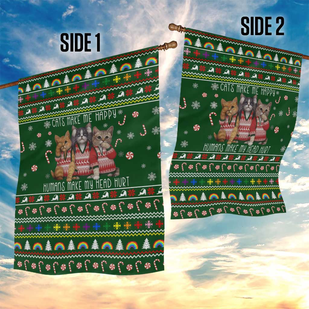 Funny Cats Make Me Happy Humans Make My Head Hurt Quote Garden Flag with Green Christmas Pattern - Wonder Print Shop