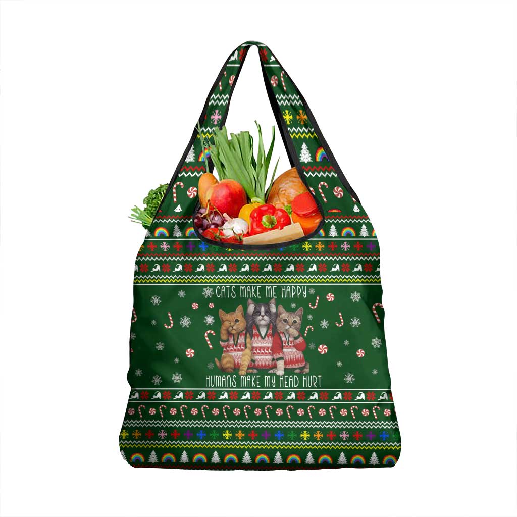 Funny Cats Make Me Happy Humans Make My Head Hurt Quote Grocery Bag with Green Christmas Pattern - Wonder Print Shop