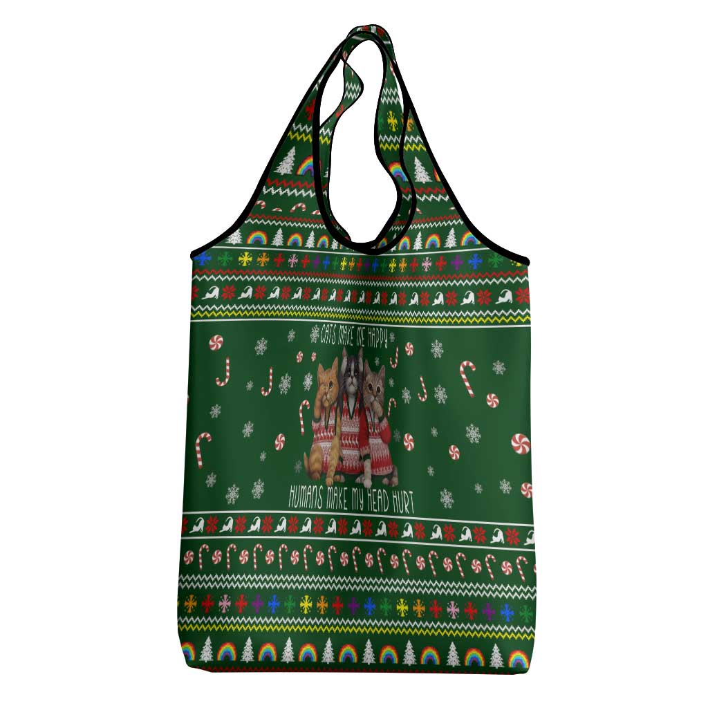Funny Cats Make Me Happy Humans Make My Head Hurt Quote Grocery Bag with Green Christmas Pattern - Wonder Print Shop