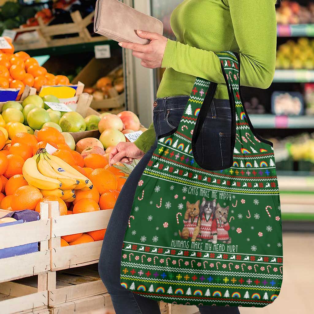 Funny Cats Make Me Happy Humans Make My Head Hurt Quote Grocery Bag with Green Christmas Pattern - Wonder Print Shop