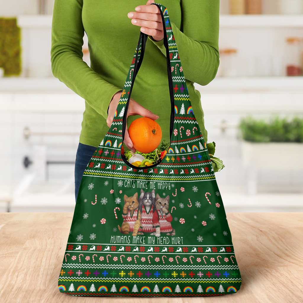 Funny Cats Make Me Happy Humans Make My Head Hurt Quote Grocery Bag with Green Christmas Pattern - Wonder Print Shop