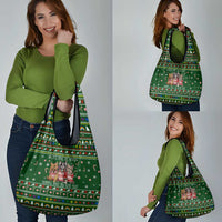Funny Cats Make Me Happy Humans Make My Head Hurt Quote Grocery Bag with Green Christmas Pattern - Wonder Print Shop