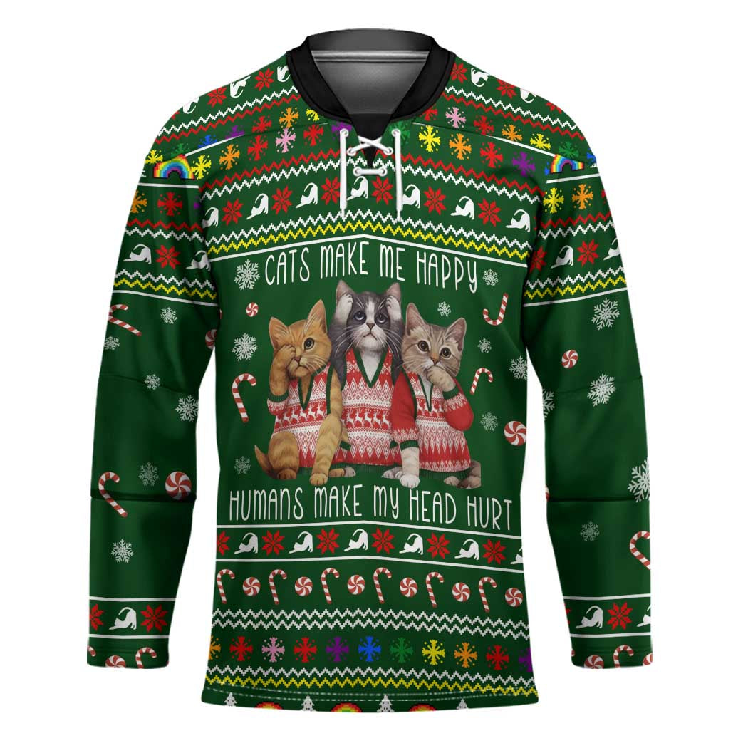 Funny Cats Make Me Happy Humans Make My Head Hurt Quote Hockey Jersey with Green Christmas Pattern - Wonder Print Shop